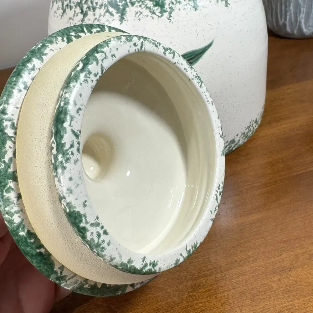 Vintage 80s Apple Cookie Jar Canister Large Size Green Spongeware Ceramic Signed